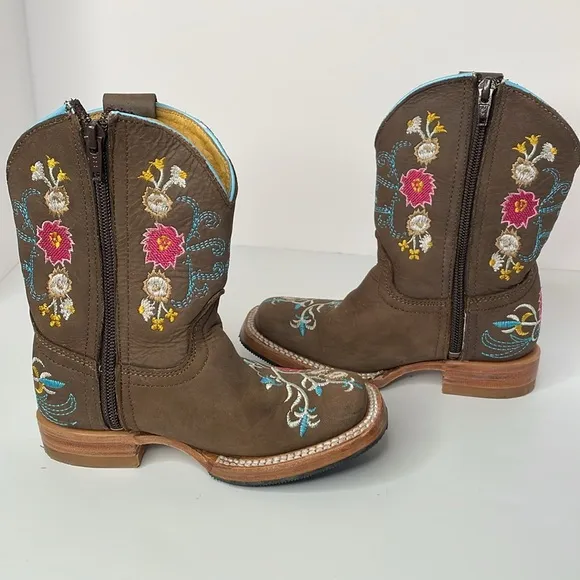 Red Hawk Boots Girls Western Chocolate Leather Floral Boots