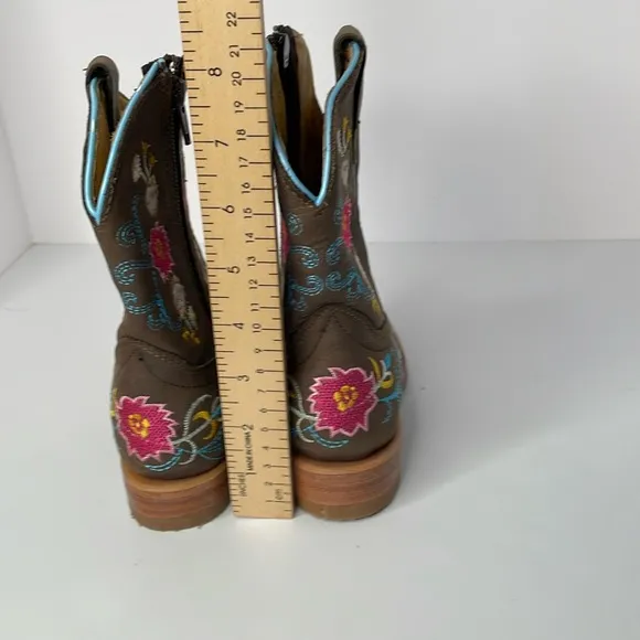 Red Hawk Boots Girls Western Chocolate Leather Floral Boots