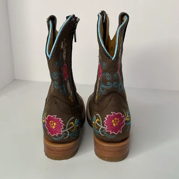 Red Hawk Boots Girls Western Chocolate Leather Floral Boots