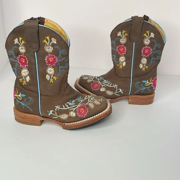 Red Hawk Boots Girls Western Chocolate Leather Floral Boots