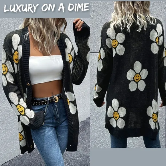 Retro Daisy Smiley Face Button Longline Knit Lightweight Cardigan Sweater Jacket