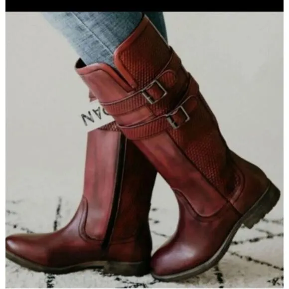 ROAN BY BED STU DATE TALL LEATHER RIDING BOOTS NWOB SIZE 8.5 BURGUNDY
