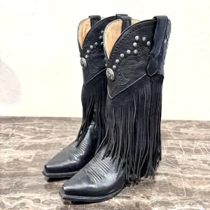 Roper Concha Handmade Black Leather Fringe Cowboy Boots