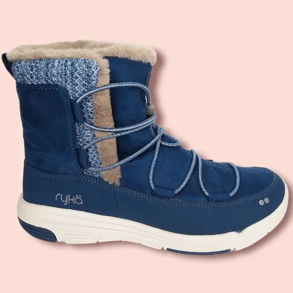 Ryka Aubonne Winter Boots Size 9W Water Repellant Bungee Lace Blue Faux Fur