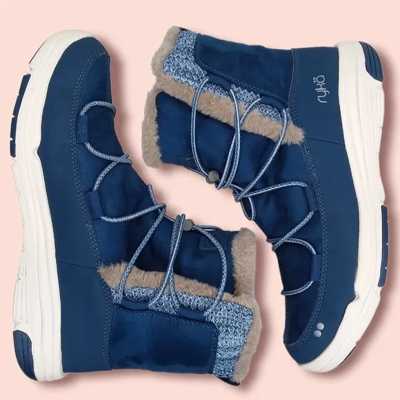 Ryka Aubonne Winter Boots Size 9W Water Repellant Bungee Lace Blue Faux Fur