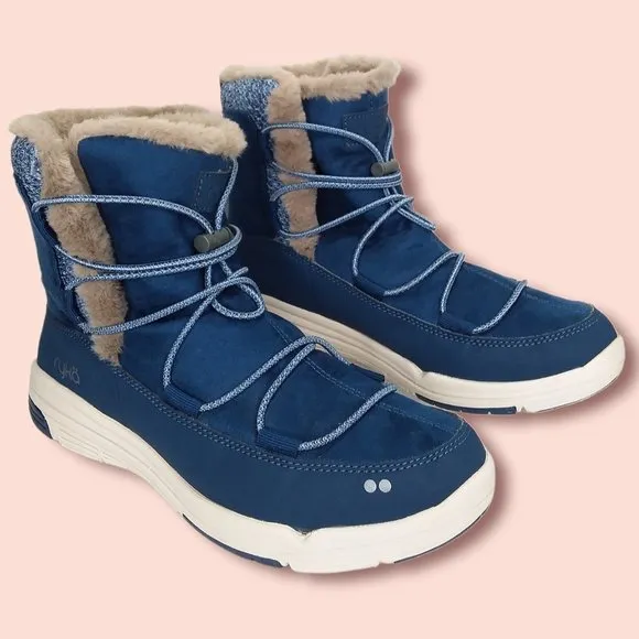 Ryka Aubonne Winter Boots Size 9W Water Repellant Bungee Lace Blue Faux Fur