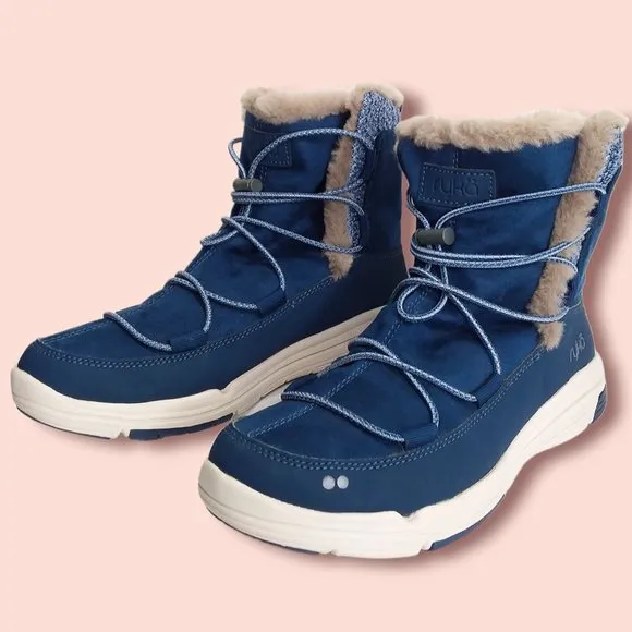 Ryka Aubonne Winter Boots Size 9W Water Repellant Bungee Lace Blue Faux Fur