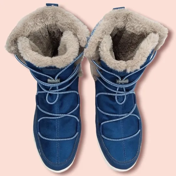Ryka Aubonne Winter Boots Size 9W Water Repellant Bungee Lace Blue Faux Fur