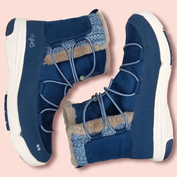 Ryka Aubonne Winter Boots Size 9W Water Repellant Bungee Lace Blue Faux Fur