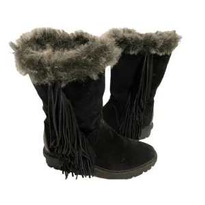 SAM EDELMAN BLACK FUR LINED BOOTS WITH FRINGE WOMENS SIZE 6 WARM AND COZY