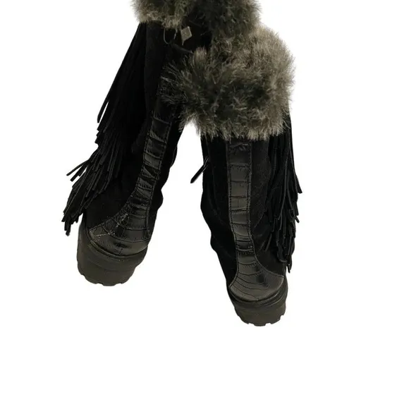 SAM EDELMAN BLACK FUR LINED BOOTS WITH FRINGE WOMENS SIZE 6 WARM AND COZY