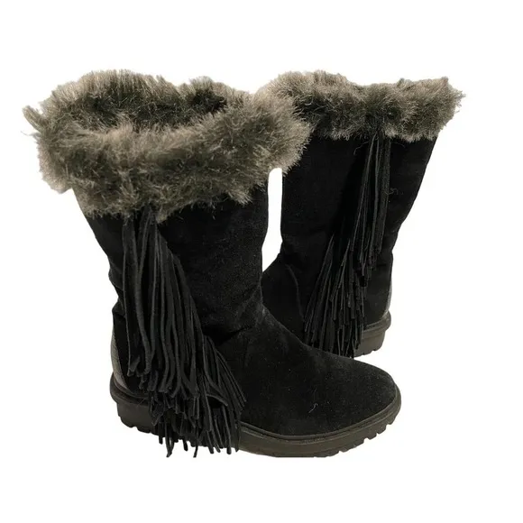 SAM EDELMAN BLACK FUR LINED BOOTS WITH FRINGE WOMENS SIZE 6 WARM AND COZY