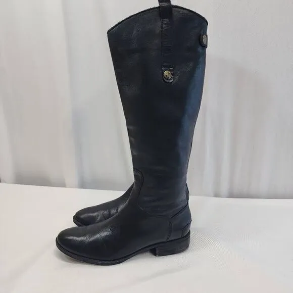 Sam Edelman Size 8.5 Penny Riding Boots Black Leather Knee High Zip Snap Block H