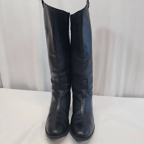 Sam Edelman Size 8.5 Penny Riding Boots Black Leather Knee High Zip Snap Block H