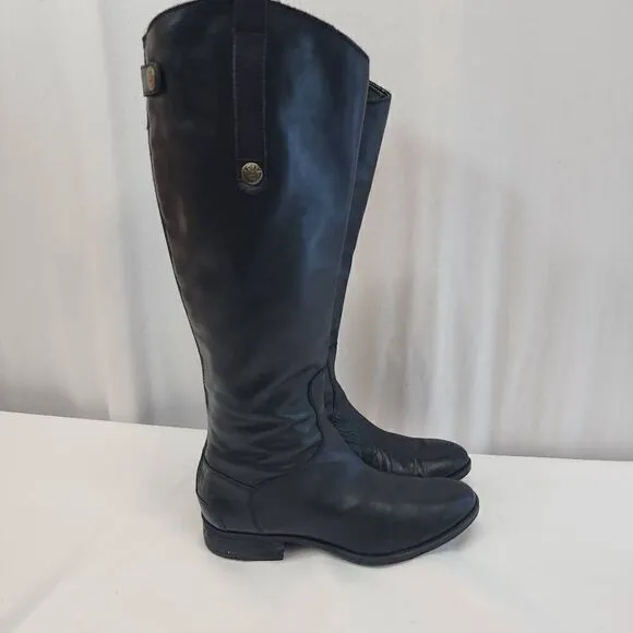 Sam Edelman Size 8.5 Penny Riding Boots Black Leather Knee High Zip Snap Block H