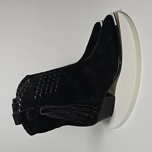 Schutz Alexxa Bootie Heeled Boots Pull-On Fringe Pointed Suede Western Black 7 B
