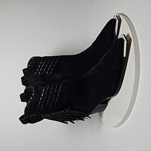 Schutz Alexxa Bootie Heeled Boots Pull-On Fringe Pointed Suede Western Black 7 B