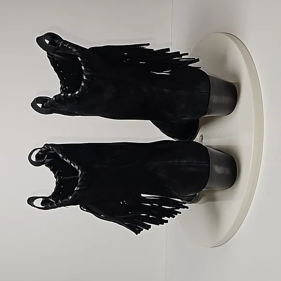 Schutz Alexxa Bootie Heeled Boots Pull-On Fringe Pointed Suede Western Black 7 B