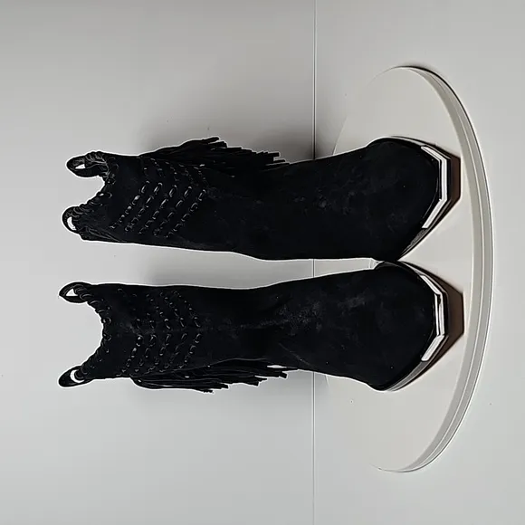 Schutz Alexxa Bootie Heeled Boots Pull-On Fringe Pointed Suede Western Black 7 B
