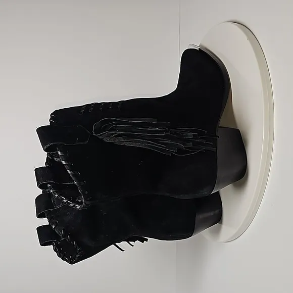 Schutz Alexxa Bootie Heeled Boots Pull-On Fringe Pointed Suede Western Black 7 B