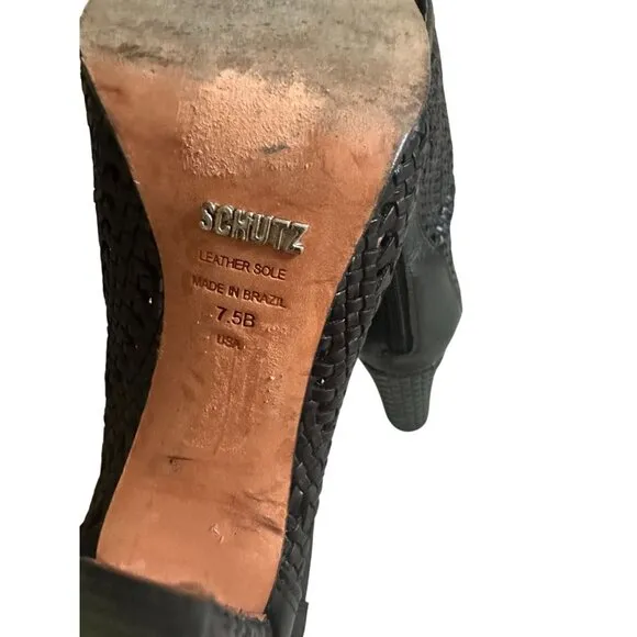 SCHUTZ Black Leather Woven Round Toe Boots Size 7.5