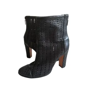 SCHUTZ Black Leather Woven Round Toe Boots Size 7.5