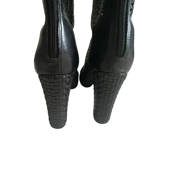 SCHUTZ Black Leather Woven Round Toe Boots Size 7.5