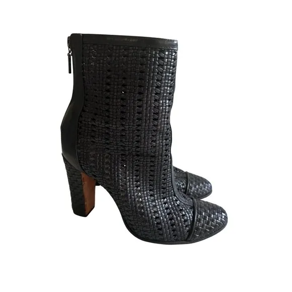 SCHUTZ Black Leather Woven Round Toe Boots Size 7.5