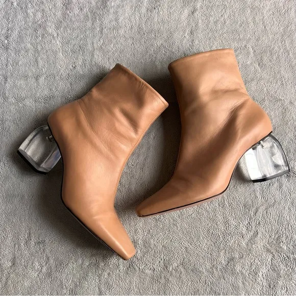 Schutz Tierra Square-Top Clear Acrylic-Heel Leather Boots Nude Sz 8