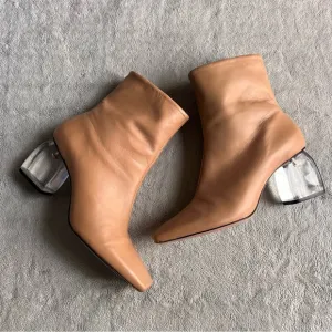 Schutz Tierra Square-Top Clear Acrylic-Heel Leather Boots Nude Sz 8