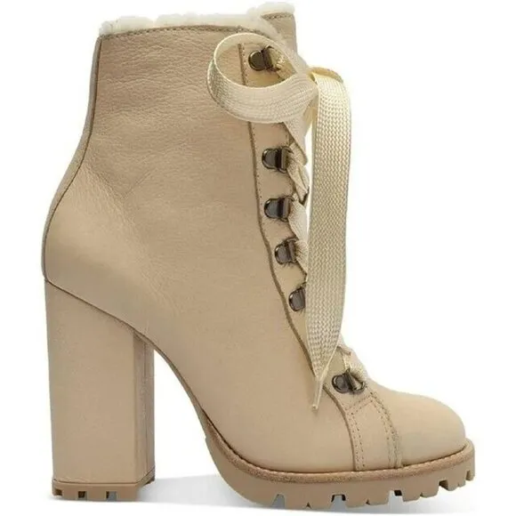Schutz Zhara Winter Leather Bootie Beige Leather Faux Fur Lining SZ 7.5 NEW