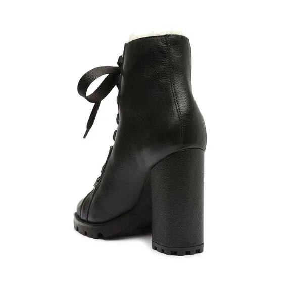Schutz Zhara Winter Leather Bootie Black Leather Faux Fur Lining SZ 7.5 NEW