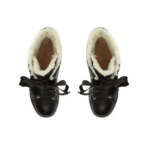 Schutz Zhara Winter Leather Bootie Black Leather Faux Fur Lining SZ 7.5 NEW