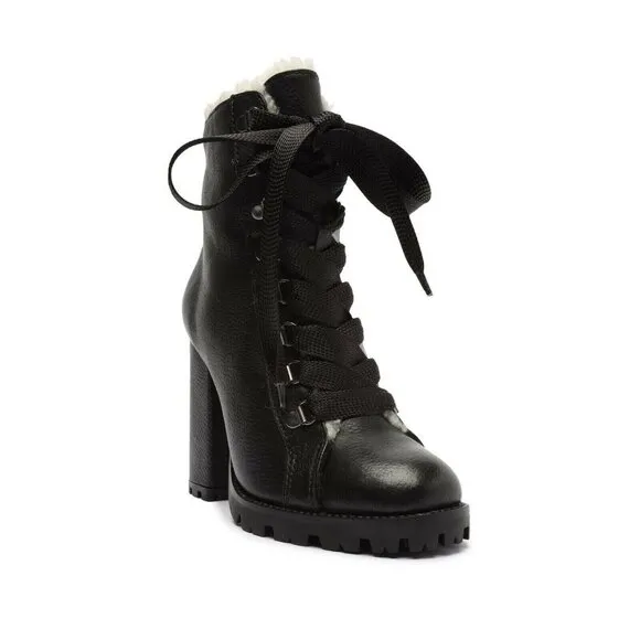 Schutz Zhara Winter Leather Bootie Black Leather Faux Fur Lining SZ 7.5 NEW