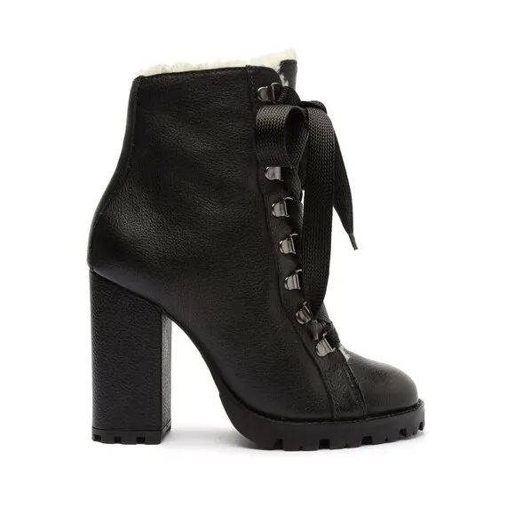 Schutz Zhara Winter Leather Bootie Black Leather Faux Fur Lining SZ 7.5 NEW