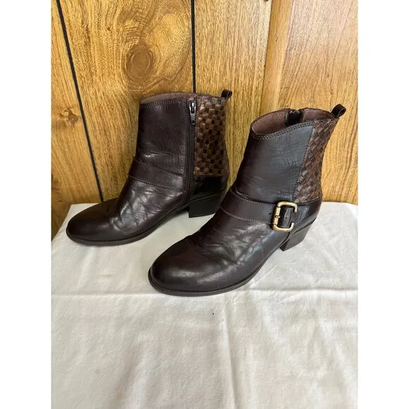 Sesto Meucci Women's Leather Woven Side Zip Ankle Boots Bootie Brown Size 6.5