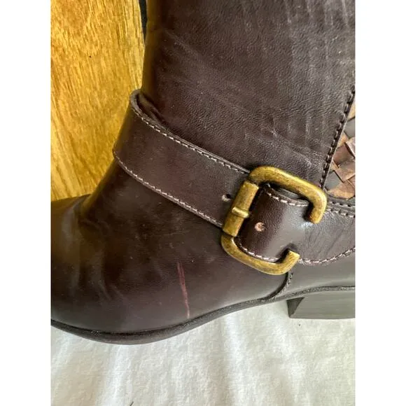 Sesto Meucci Women's Leather Woven Side Zip Ankle Boots Bootie Brown Size 6.5