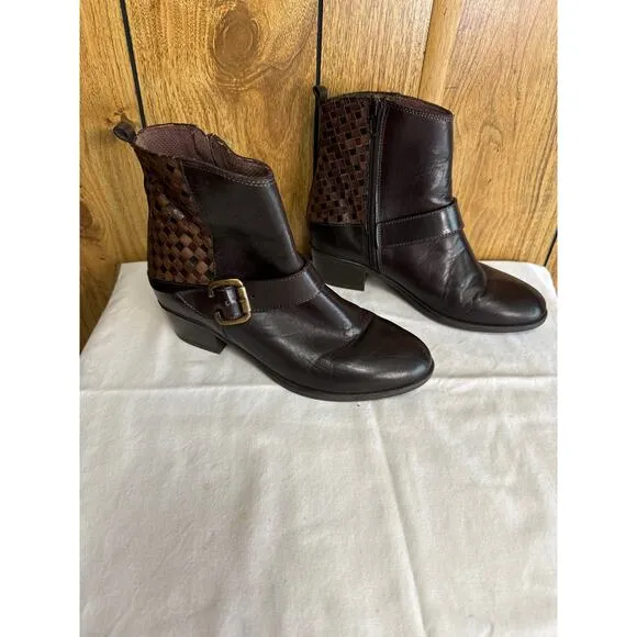 Sesto Meucci Women's Leather Woven Side Zip Ankle Boots Bootie Brown Size 6.5