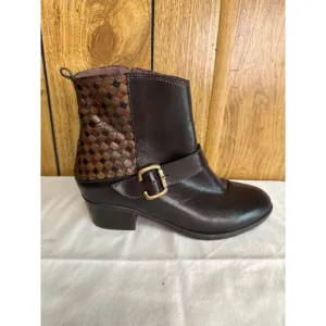 Sesto Meucci Women's Leather Woven Side Zip Ankle Boots Bootie Brown Size 6.5