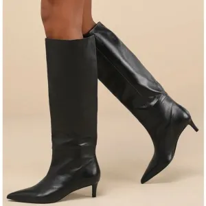 Seychelles Rose Leather Tall Boots Knee High Kitten Heel Pointed Toe Black Sz 8