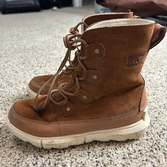 Sorel Big Kid Explorer Boots Size 4 Waterproof Brown Fleece Lined Winter