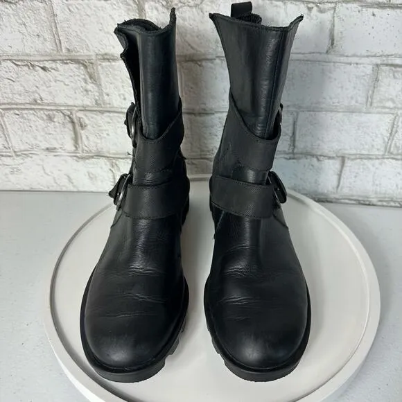 Sorel Black Boots Phoenix Moto Engineer Leather Waterproof Buckle LL3265 8.5