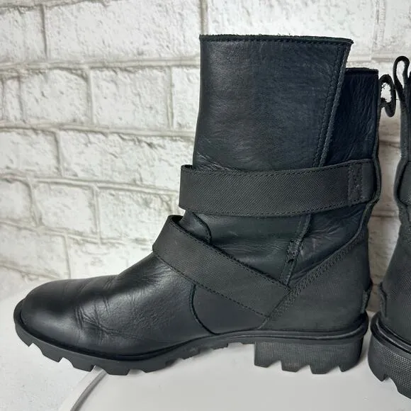 Sorel Black Boots Phoenix Moto Engineer Leather Waterproof Buckle LL3265 8.5