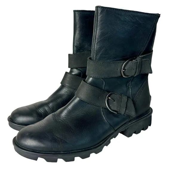 Sorel Black Boots Phoenix Moto Engineer Leather Waterproof Buckle LL3265 8.5