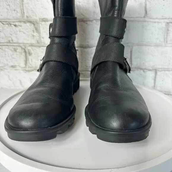 Sorel Black Boots Phoenix Moto Engineer Leather Waterproof Buckle LL3265 8.5