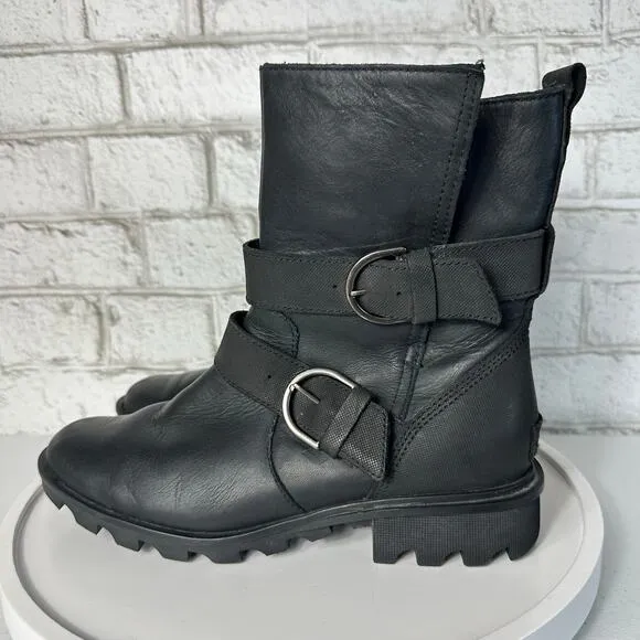 Sorel Black Boots Phoenix Moto Engineer Leather Waterproof Buckle LL3265 8.5