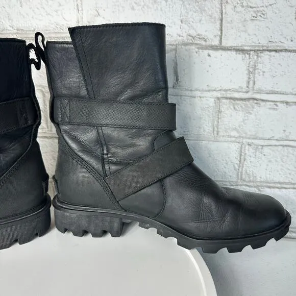 Sorel Black Boots Phoenix Moto Engineer Leather Waterproof Buckle LL3265 8.5