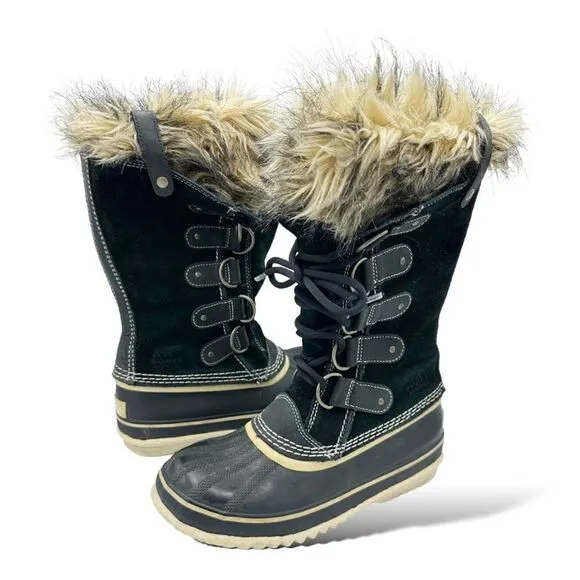 SOREL Black Suede JOAN OF ARTIC Faux Fur Trimmed Snow Boot Sz 8