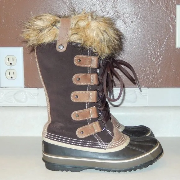 Sorel Boots 6 Joan Of Arctic NL1540 Brown Tan Fur Trim Lace Up Insulated Winter