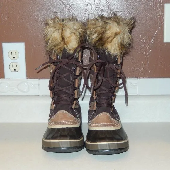 Sorel Boots 6 Joan Of Arctic NL1540 Brown Tan Fur Trim Lace Up Insulated Winter